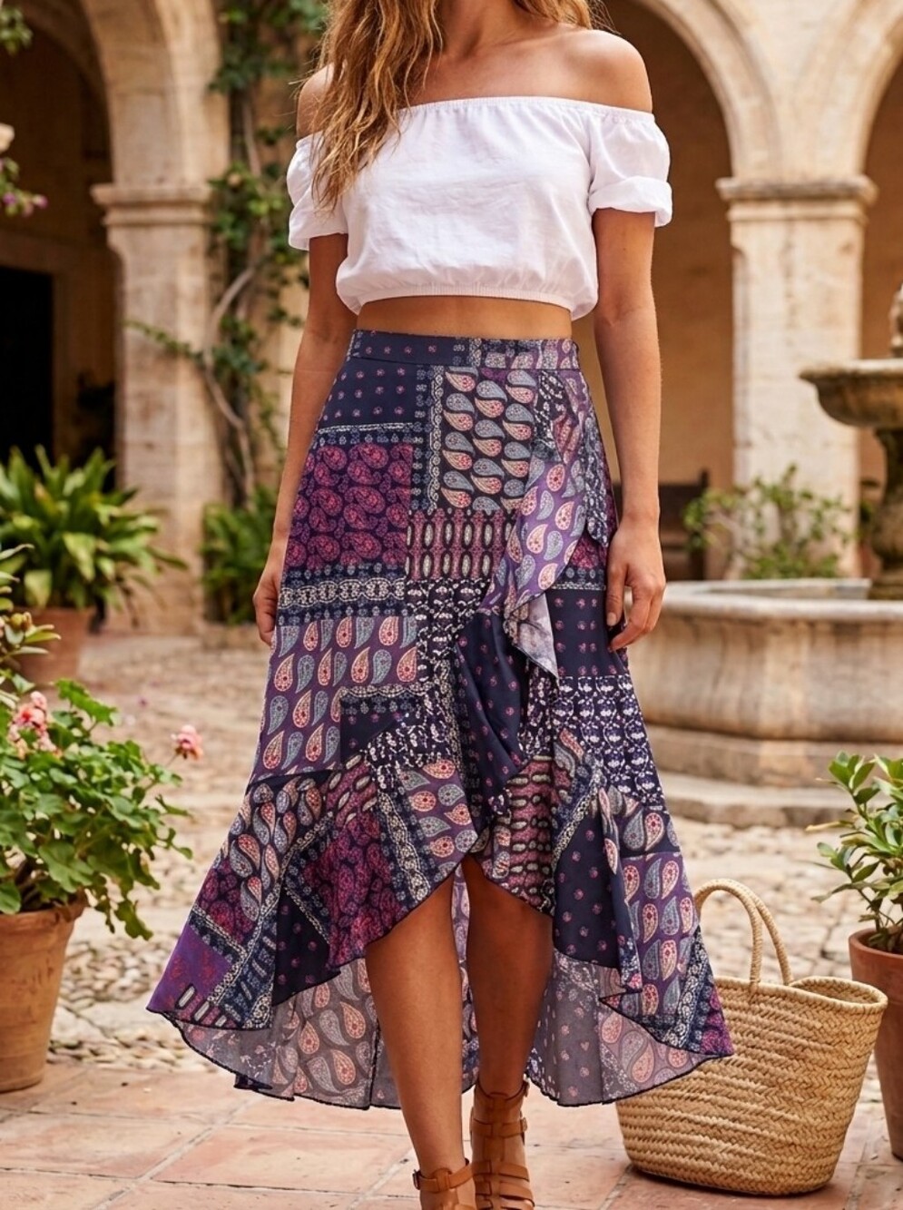 Me 2 Magic Navy Purple Festival Patchwork Boho Paisley Ruffled Maxi Skirt Size L